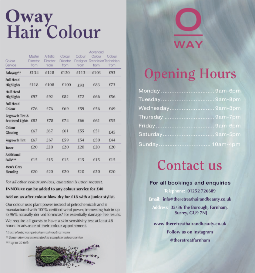 Hair & Beauty Prices at The Retreat Hair & Beauty Salon, Surrey